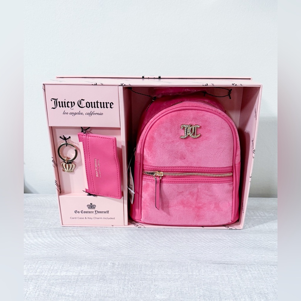 Juicy Couture Pink Flash Velour Backpack & Card Case & Keychain